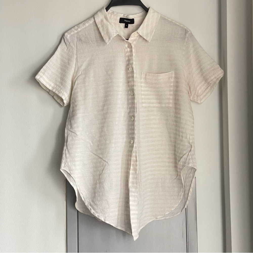 THEORY Cream Striped Cotton & Linen Blend Short Sleeve Button-Up Shirt